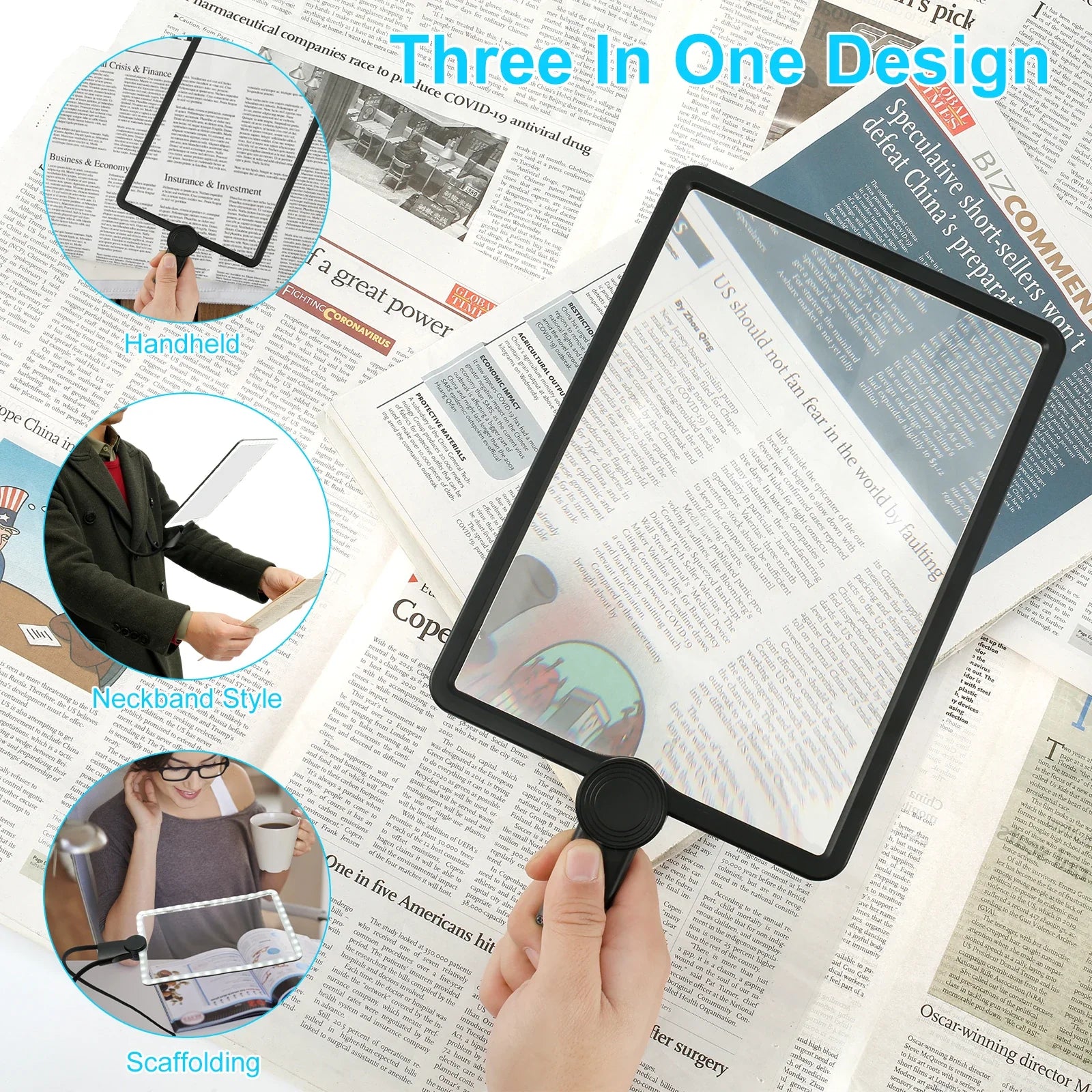 5X Hands-Free Neck Magnifier with Dimmable LED Light — 9.4 × 6.5 in (240 × 170 mm) Rechargeable 3‑in‑1 Reading Magnifying Glass