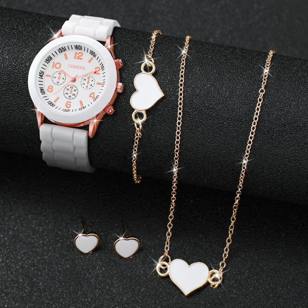 5/6-Piece Women's Quartz Watch & Jewelry Gift Set - Silicone Band, 38mm (1.50 in)