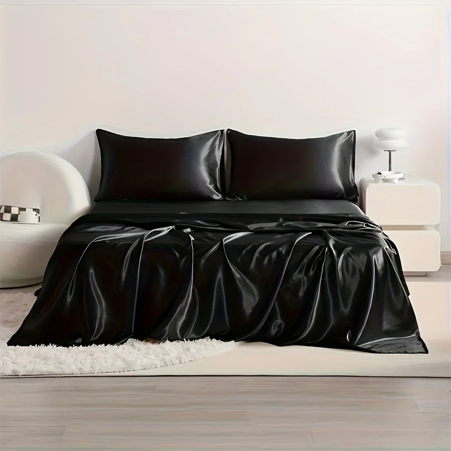 4-Piece Cooling Satin Bed Sheet Set – Breathable Hypoallergenic 500TC Flat Sheet, Fitted Sheet & 2 Pillowcases