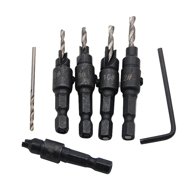 5pc Hex Shank Countersink & Taper Drill Bit Set for Wood (56–69mm) – Screw Hole Opener & Reamer