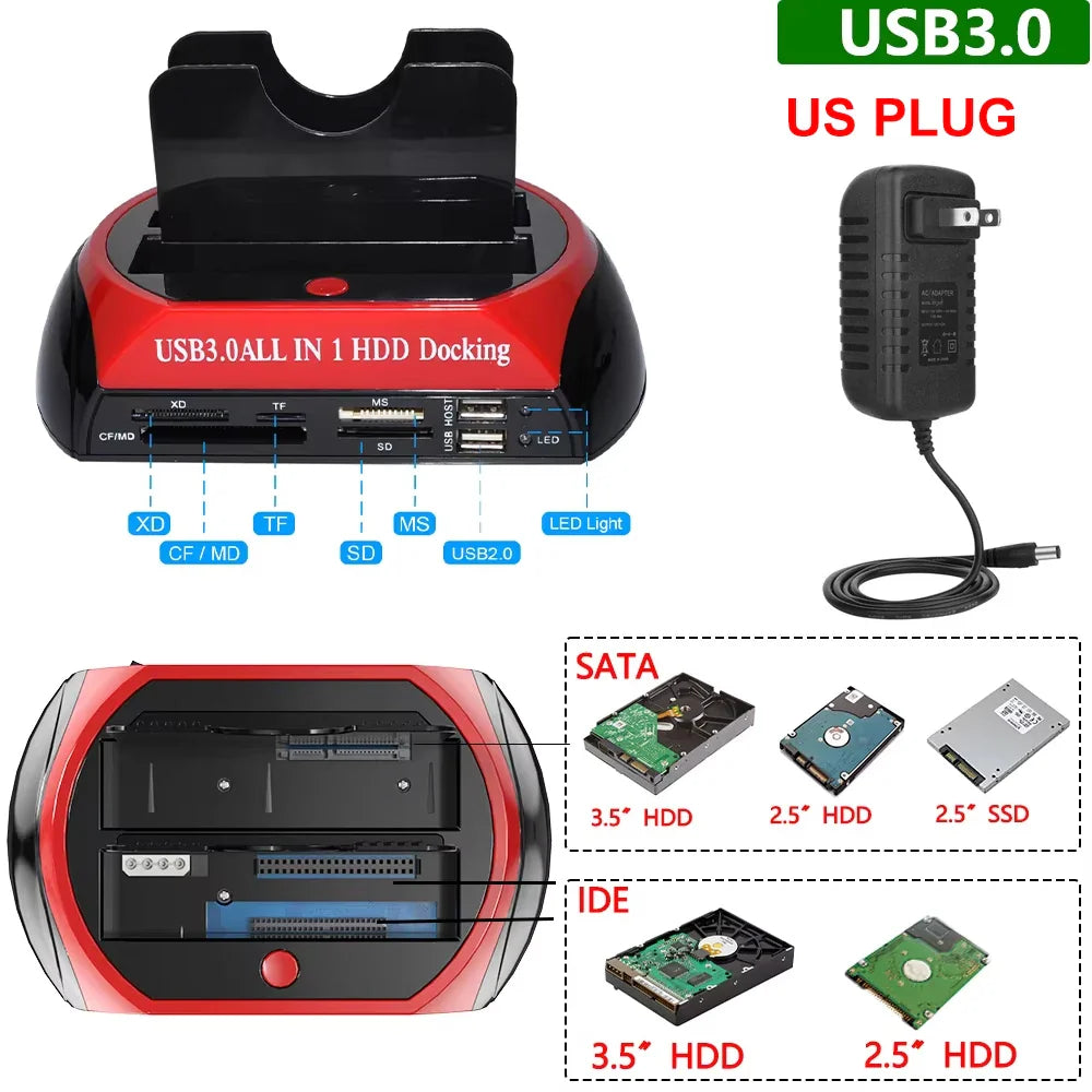 10-in-1 Dual-Bay HDD Docking Station USB 3.0 (5Gbps) for 2.5"/3.5" HDD & SSD, TF/SD Card Reader with 12V 3A Adapter