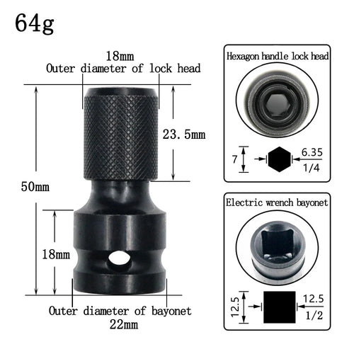 1/2 inch (12.5 mm) Square Drive to 1/4 inch (6.35 mm) Hex Telescopic Socket Adapter for Electric & Air Impact Wrenches