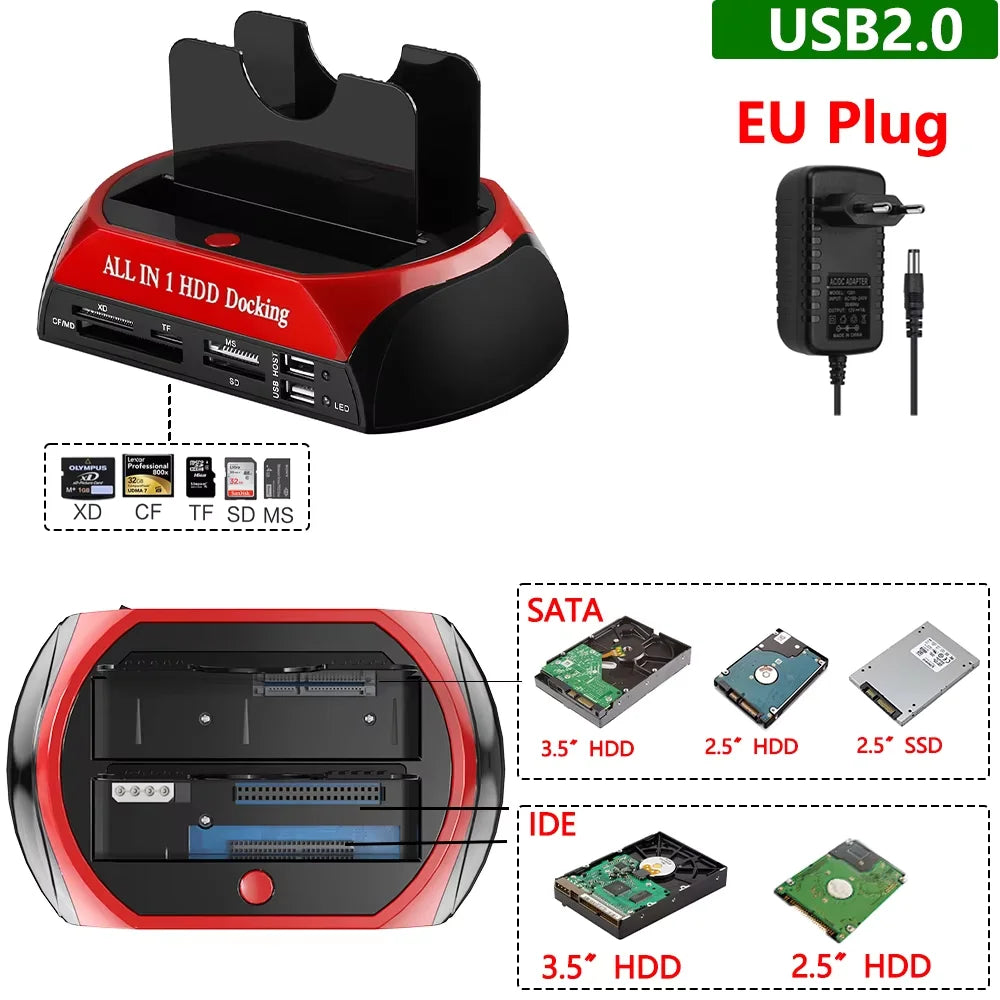 10-in-1 Dual-Bay HDD Docking Station USB 3.0 (5Gbps) for 2.5"/3.5" HDD & SSD, TF/SD Card Reader with 12V 3A Adapter