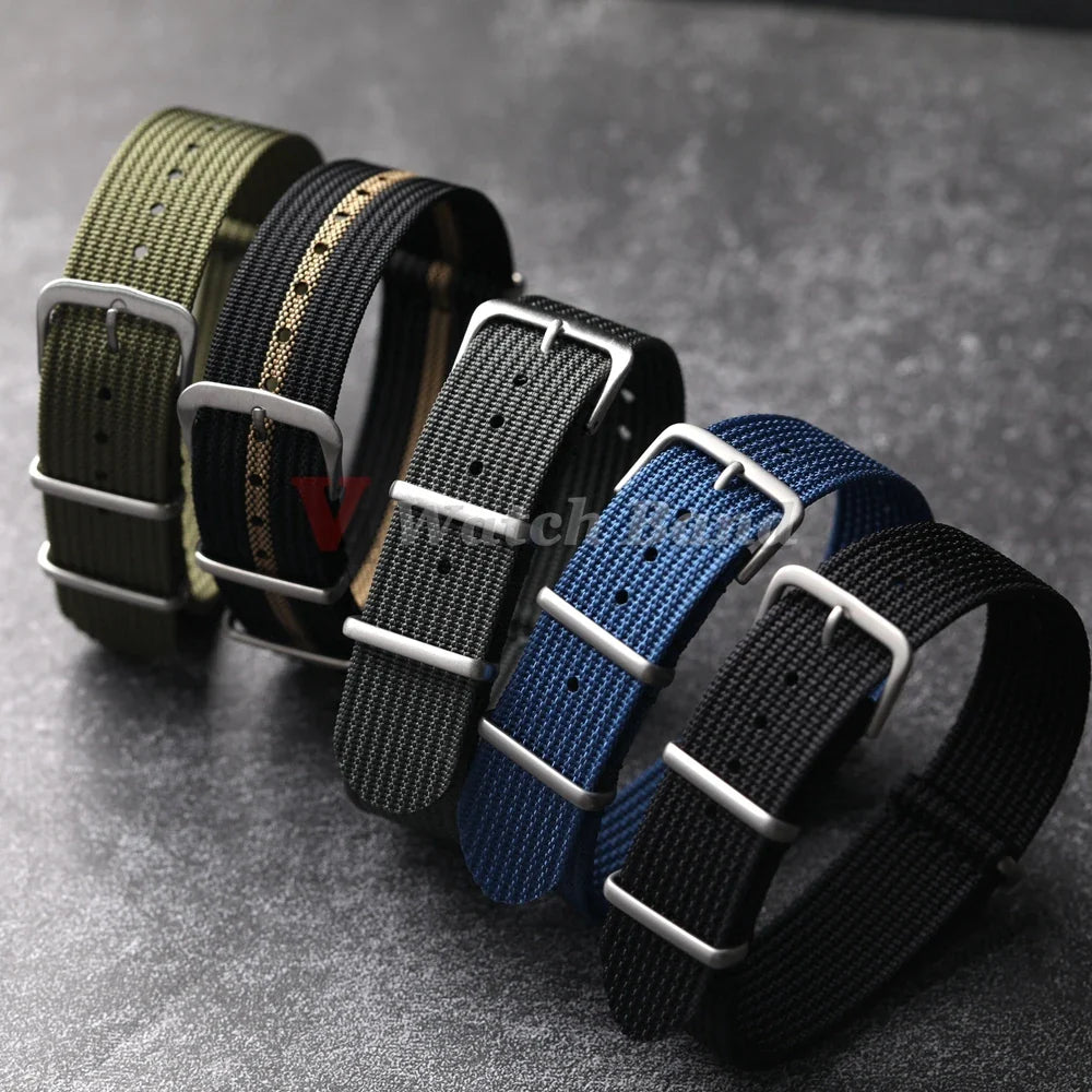 Ribbed Nylon Watch Strap - 18mm / 20mm / 22mm Military Style Fabric Watch Band with Pin Buckle