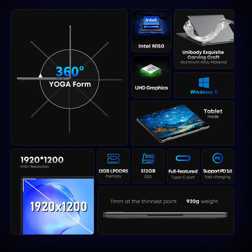 10.5" (26.7 cm) 2-in-1 Convertible Touchscreen Laptop - 12GB/16GB RAM, 512GB SSD, Intel Twin‑Lake, Windows 11, 360° Fold, Wi‑Fi 6