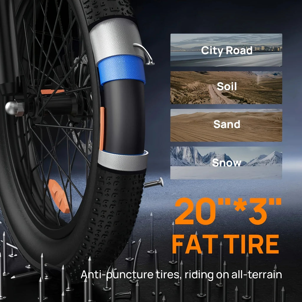1000W Electric Fat Tire E-Bike 48V 13Ah Removable Battery, 20"x3" (50.8x7.6 cm), 7-Speed, Dual Disc Brakes, Up to 60+ km Range