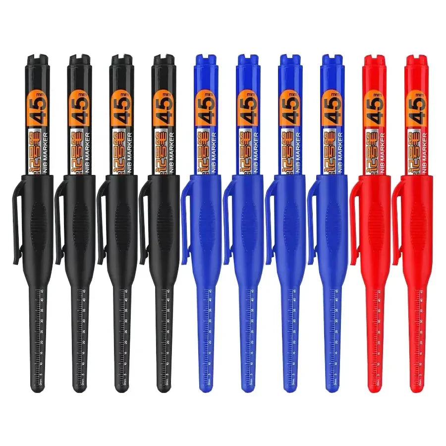 10-Pack 45mm Waterproof Permanent Marker Pens – Long-Head Quick-Dry for Woodworking & Construction, Deep-Hole Marking, Non-Toxic Black Red Blue