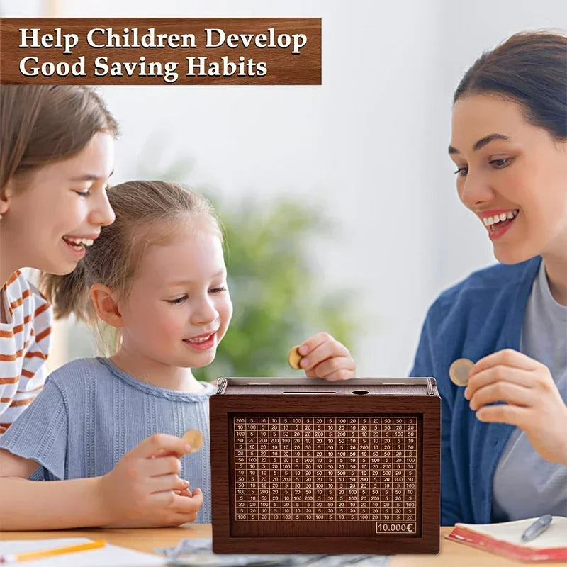 Handmade Wooden Money Box with Savings Tracker – Reusable Piggy Bank for Kids & Adults (10,000 Savings Challenge)