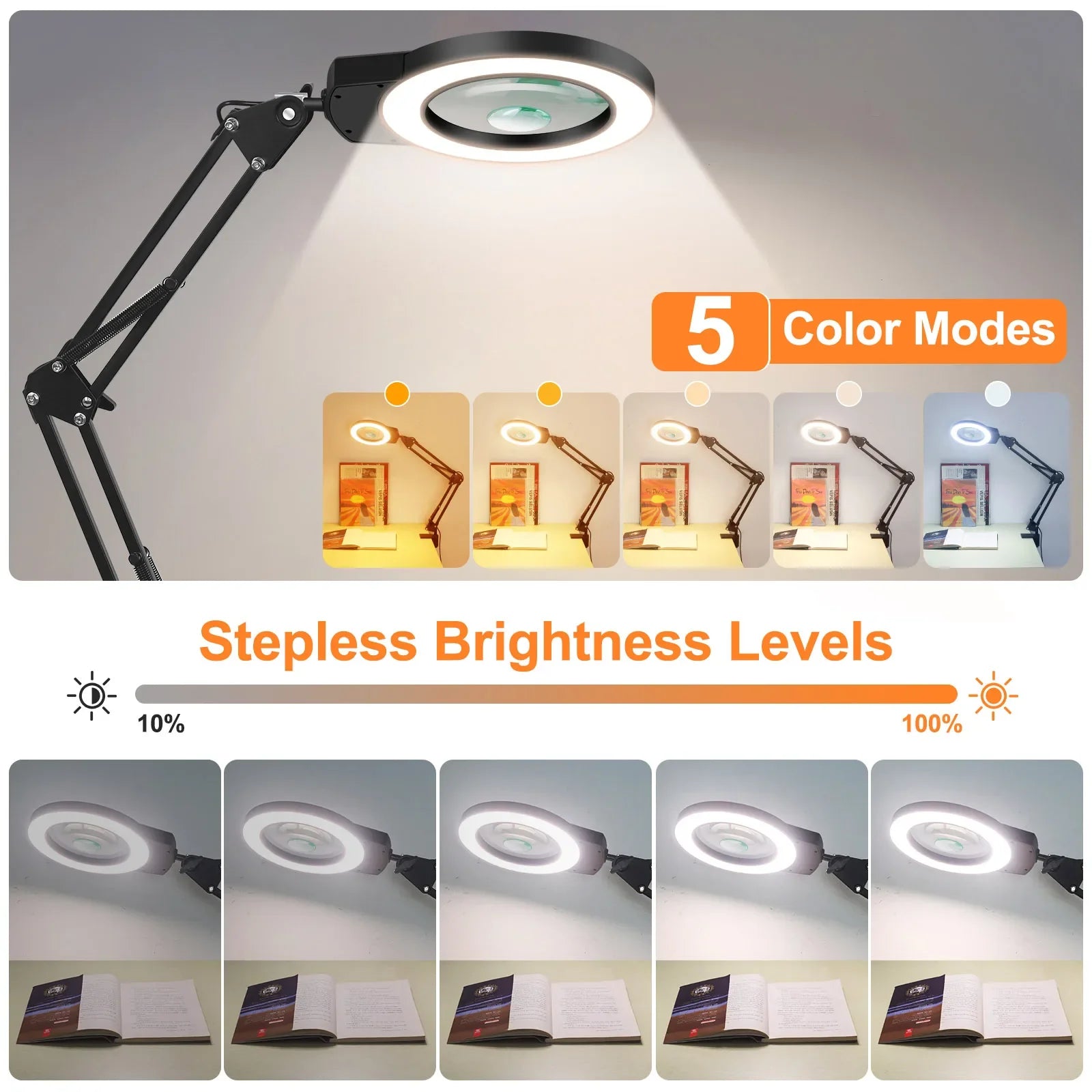 Adjustable Swing-Arm Magnifying Lamp 5X/10X with 110mm Lens, 5-Color Touch LED Clamp Light for Reading Jewelry Repair Electronics