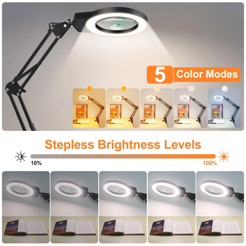 Adjustable 5X/10X Magnifying Lamp with 110mm (4.3 in) Lens - Touch 5-Color LED, 10-Level Dimming, Long Swing Arm Clamp Light for Reading, Jewelry & Soldering