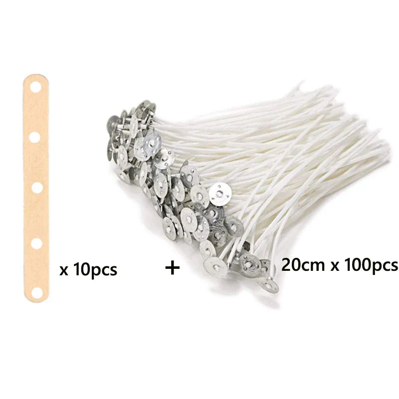 100-Pack Pre-Waxed Cotton Candle Wicks with Metal Sustainer Tabs — 2.5–20 cm (1–7.9 in) Smokeless DIY Candle Making