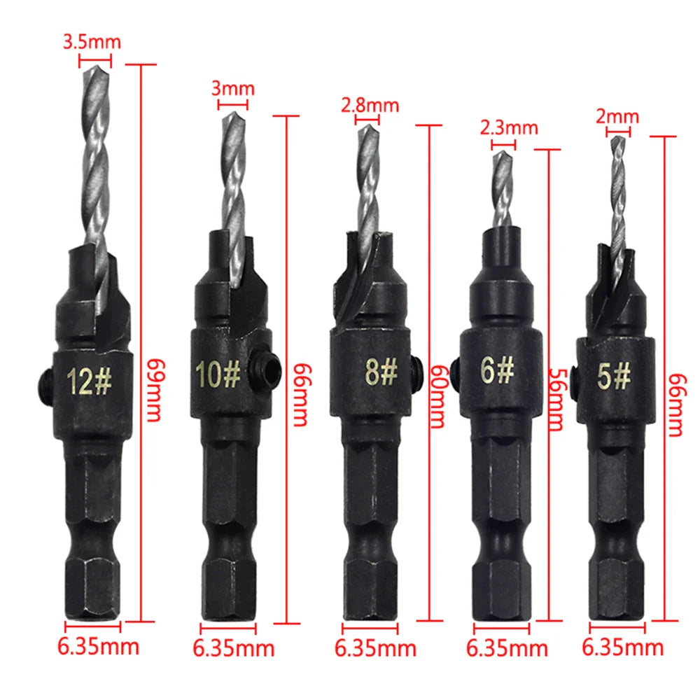 5pc Hex Shank Countersink & Taper Drill Bit Set for Wood (56–69mm) – Screw Hole Opener & Reamer