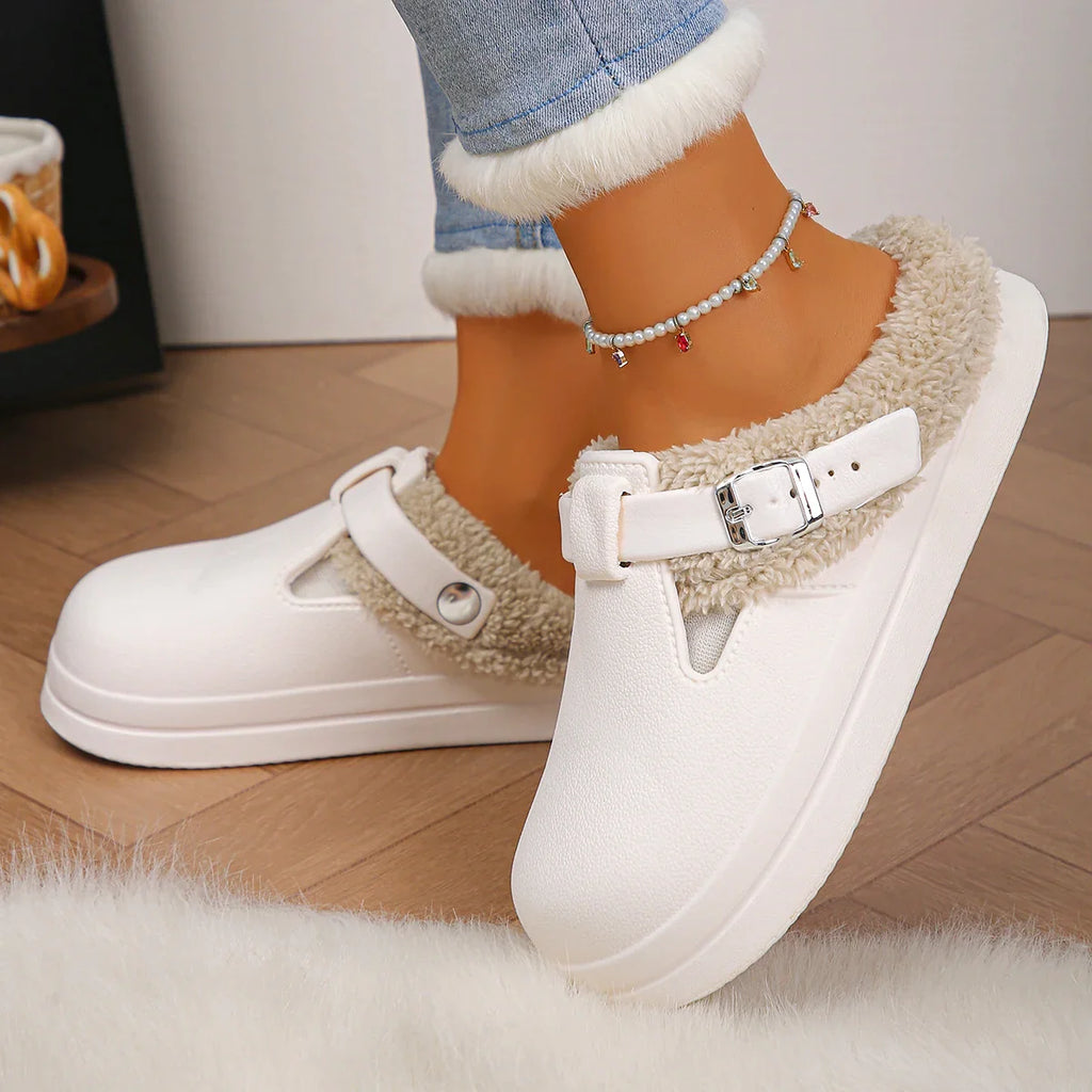Waterproof Eva Furry Mules Slippers Women 2025 Winter Metal Buckle Warm Plush Slippers Soft Thick Bottom Non Slip Indoor Slides