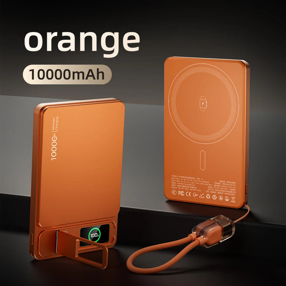 10000mAh Magnetic Wireless Power Bank 20W Fast Charge Slim Portable Battery with Built-in Cables & Phone Stand for Magnetic-Compatible Phones and Smartwatches