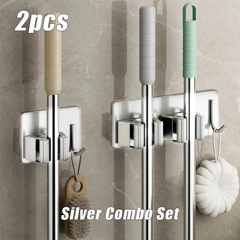1-3 Pack Stainless Steel Nail-Free Wall Mounted Mop & Broom Holder Waterproof Bathroom Storage Rack
