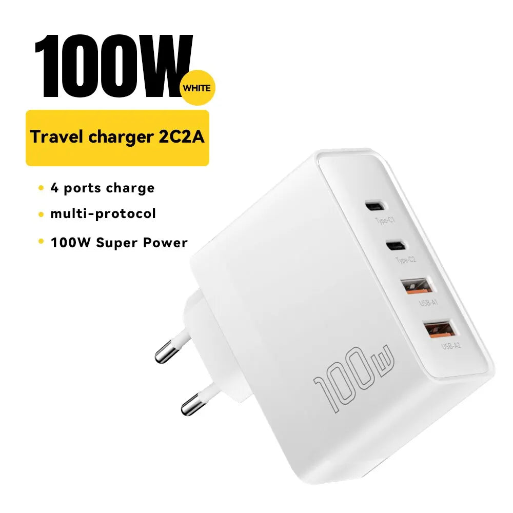 100W GaN 4-Port USB-C PD & QC Fast Charger (2 USB-C, 2 USB-A) — Power Delivery for Laptops, Phones & Tablets