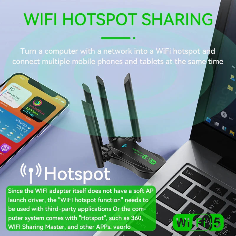 Dual-Band 1200Mbps USB 3.0 WiFi Adapter with 4 Antennas — 2.4/5GHz Wireless Dongle for PC & Laptop (Windows Compatible)