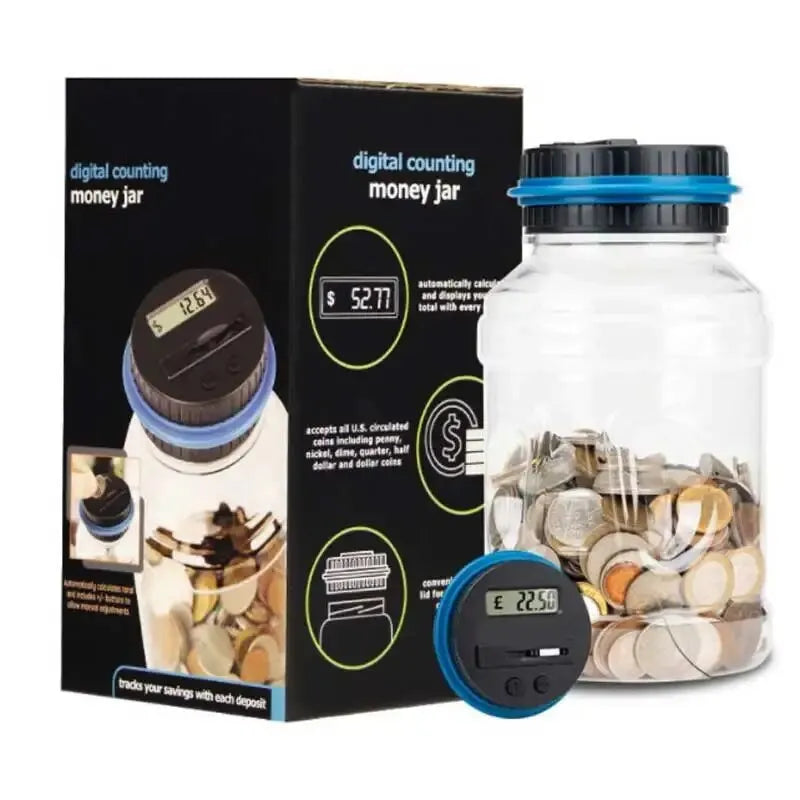 1.8L (61 fl oz) Smart Coin Counter Jar - Transparent Large Capacity Money Bank for USD, Euro, Pound Sterling