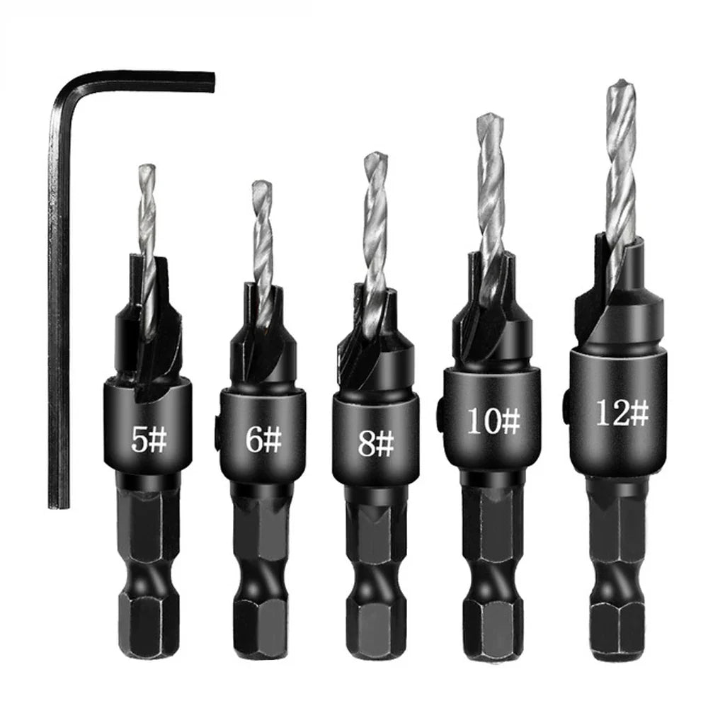 5pc Hex Shank Countersink & Taper Drill Bit Set for Wood (56–69mm) – Screw Hole Opener & Reamer