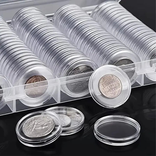 100-Pack Clear Coin Capsules Plastic Storage Organizer Box – Round Coin Protection for Collectors