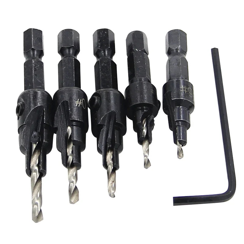 5pc Hex Shank Countersink & Taper Drill Bit Set for Wood (56–69mm) – Screw Hole Opener & Reamer