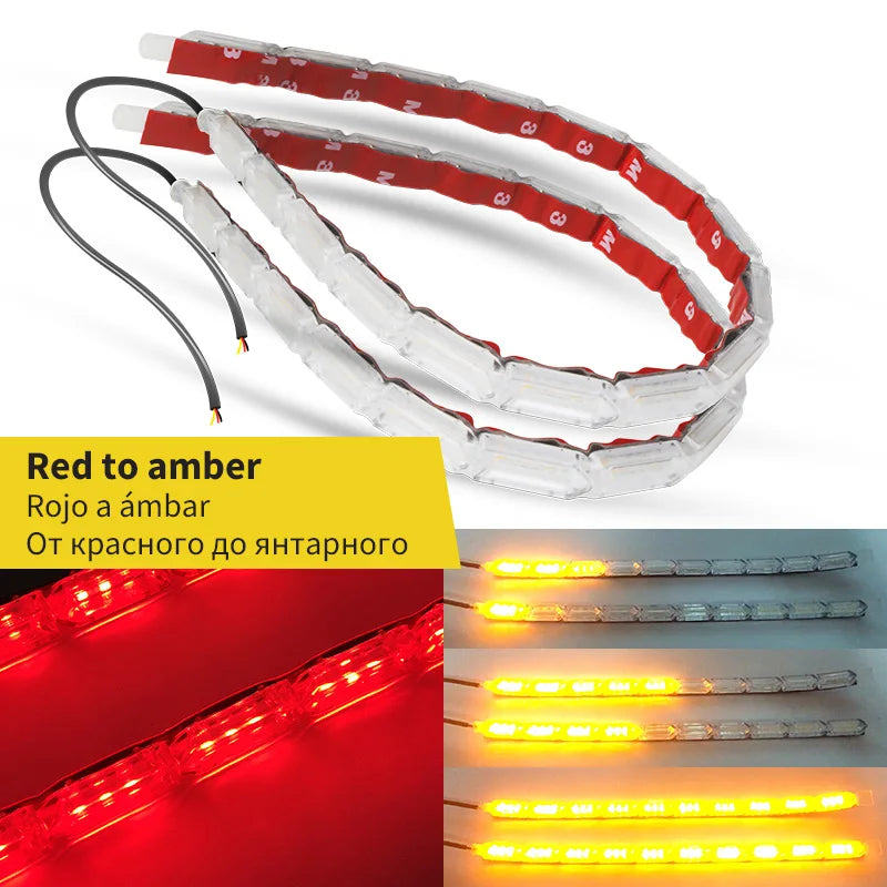 1-Pair Flowing Sequential Flexible LED DRL Strip Lights for Car — Daytime Running Light & Turn Signal, Waterproof, 12V, 9.8–19.7 in (25–50 cm)