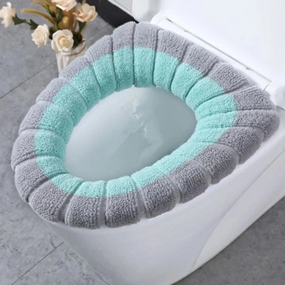 1-Piece Washable Knitted Toilet Seat Cover, Thick Soft Cushion with Handle, Fits Round and Oval Seats