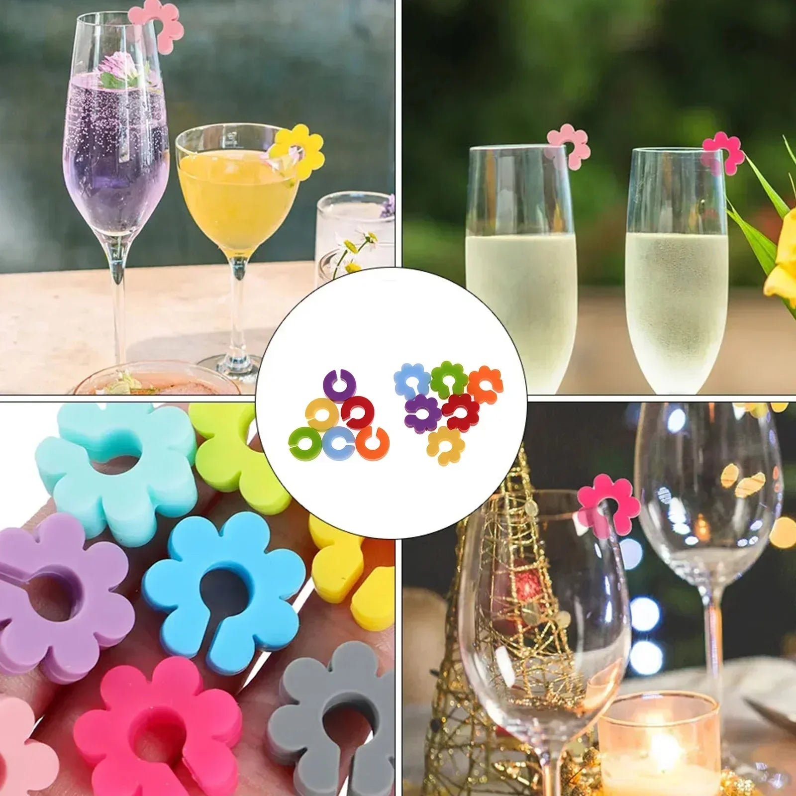 12-Pack Colorful Silicone Wine Glass Charms – Drink Markers & Cup Tags for Party, Wedding, Bar & Home