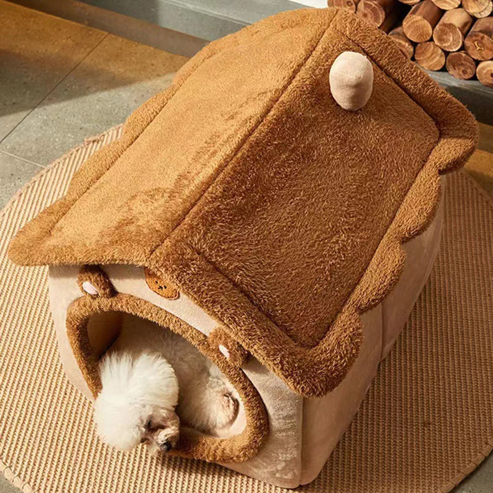 Teddy Bear Plush Enclosed Pet Bed – Cozy Cat & Small Dog Nest, Brown