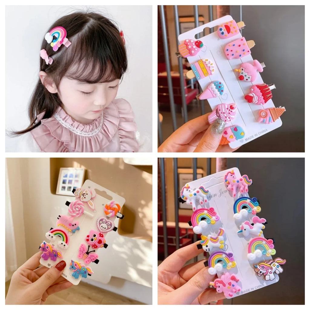 10-Pack Cute Cartoon Unicorn & Ice Cream Hair Clips for Girls, Kids Barrettes Hairpins, Fashion Hair Accessories