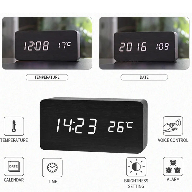 Wooden LED Digital Alarm Clock with Temperature Display — 3 Alarms & Adjustable Brightness, USB Bedside Desk Clock