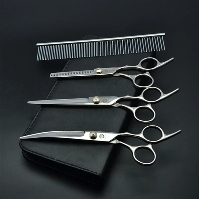 Dog Grooming Scissors Set 6" (15 cm) & 7" (17.5 cm) Stainless Steel Pet Shears — Thinning, Curved & Cutting
