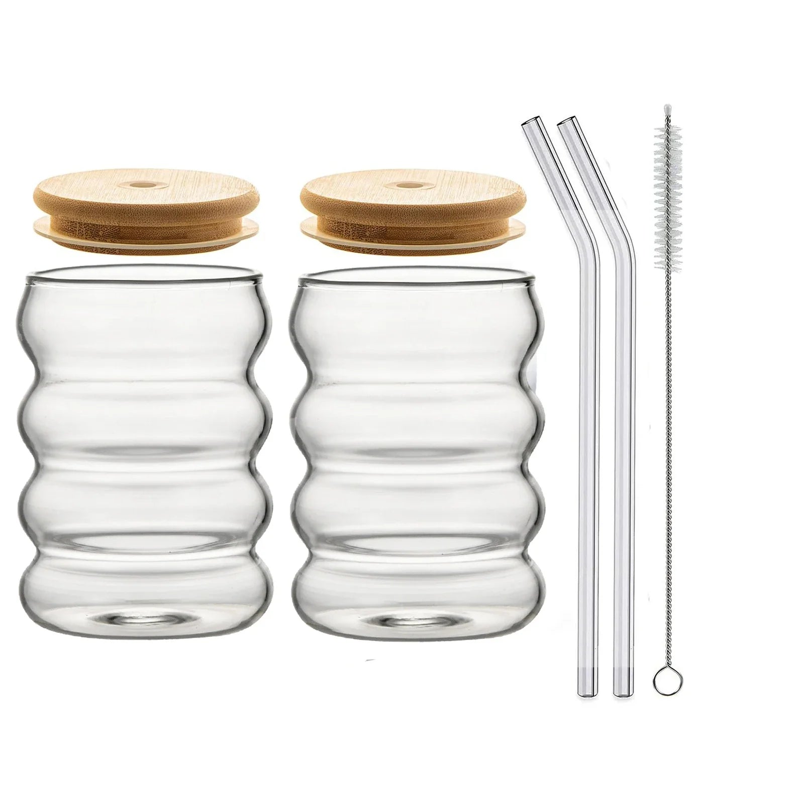 1/2/4-Pack Wave Glass Cups with Lid & Straw — 350ml (12 fl oz) Heat-Resistant Tumblers for Juice, Iced Coffee, Smoothies