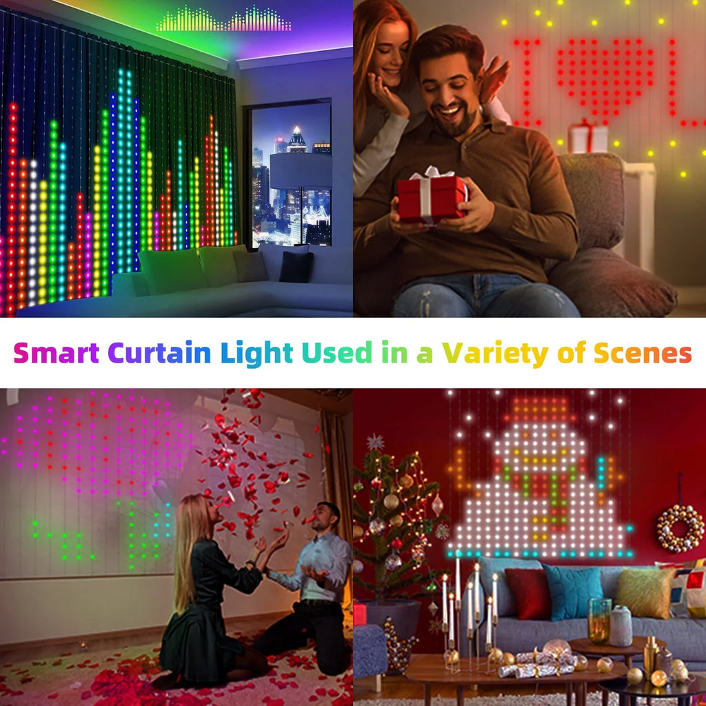 LED Smart Curtain Lights 400-LED RGB Fairy Curtain – App & Music Sync, Remote, IP65 Waterproof (3m×3m / 9.8×9.8ft • 2m×2m / 6.6×6.6ft • 1m×1m / 3.3×3.3ft)