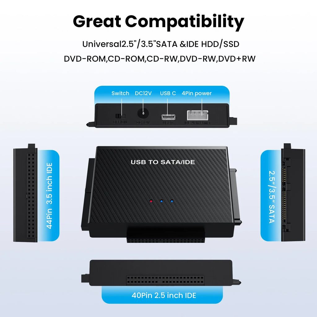 USB 3.1 to SATA IDE Type-C Hard Disk Adapter Converter Cable for 3.5 2.5 inch HDD/SSD CD DVD ROM CD-RW 3 in 1 IDE SATA Adapter