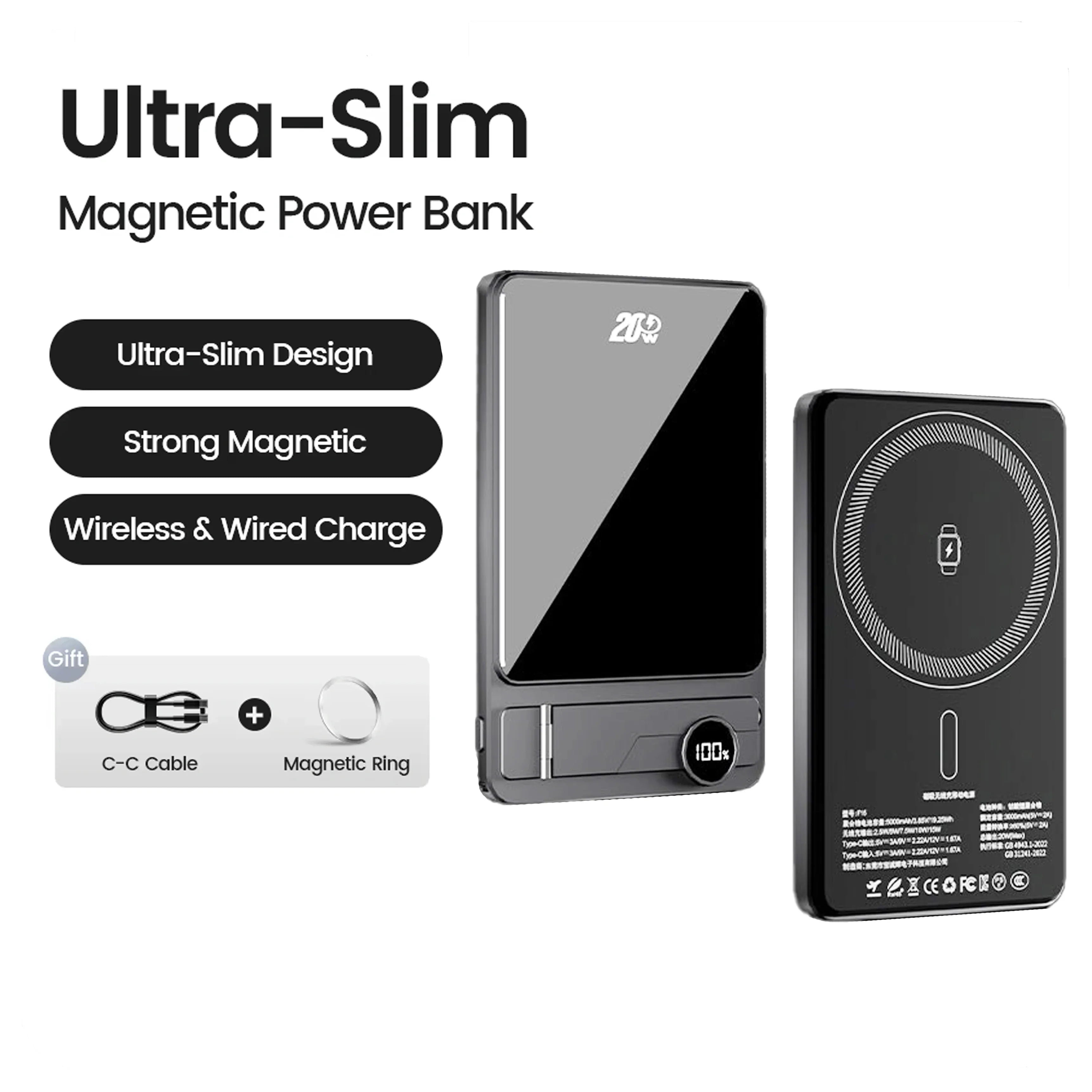 10000mAh Ultra-Slim Magnetic Power Bank 20W Fast Wireless Charger — MagSafe-Compatible for Smartphones & Smartwatches