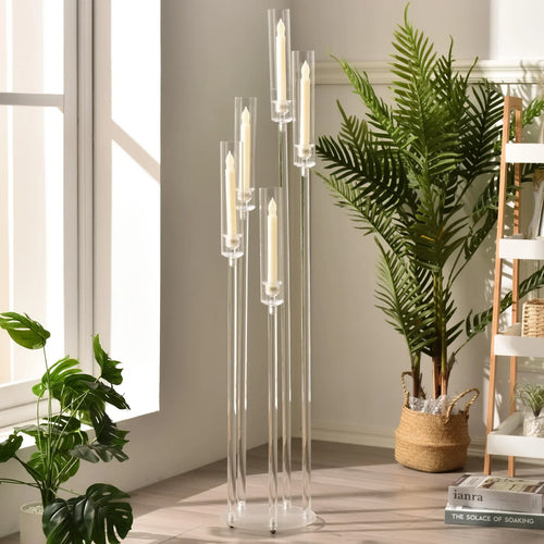 10-Pack Clear Acrylic 5-Arm Floor Candelabra 45.7in (116cm) – Wedding Table & Ceremony Centerpiece Candlestick Holder (LED Taper Compatible)