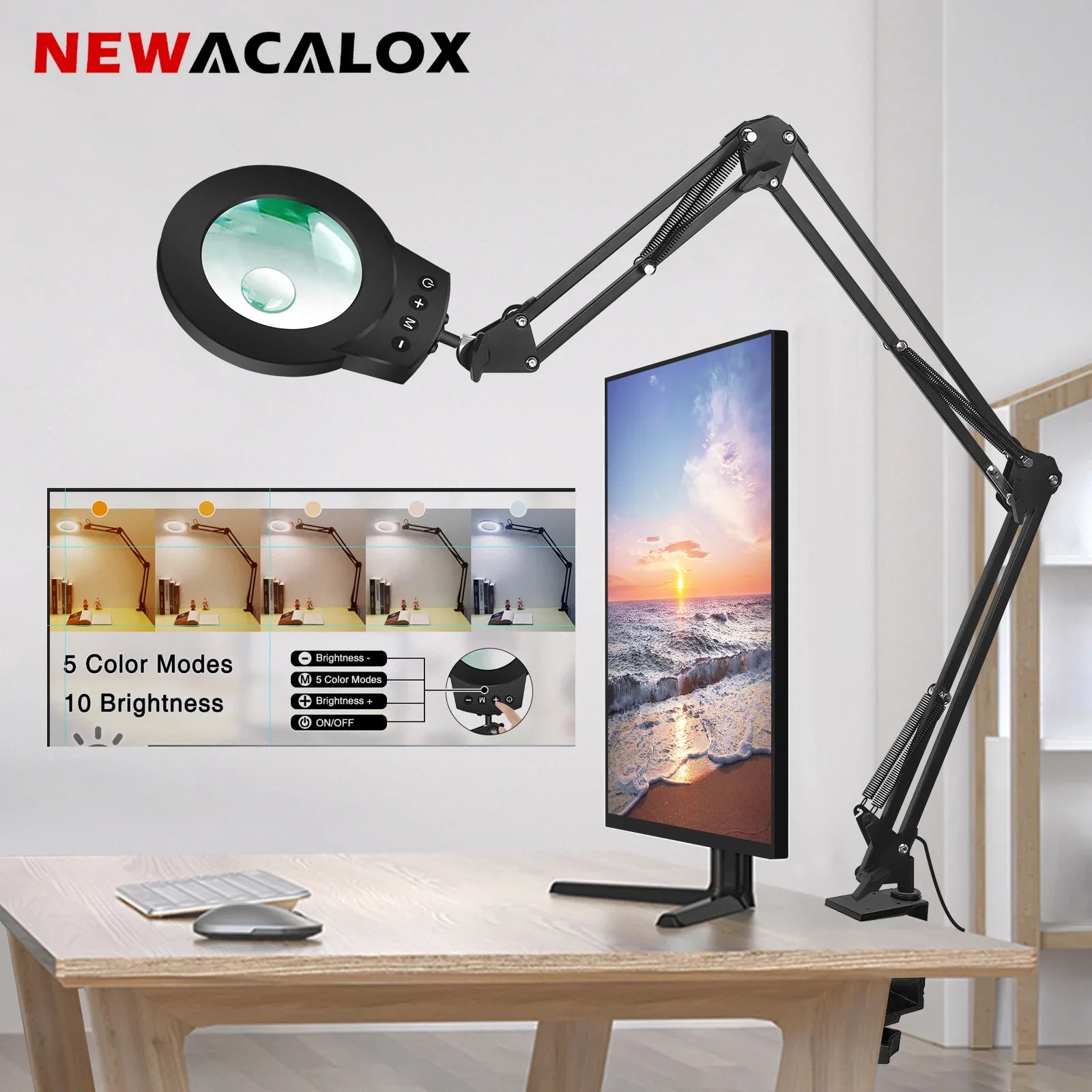 Adjustable 5X/10X Magnifying Lamp with 110mm (4.3 in) Lens - Touch 5-Color LED, 10-Level Dimming, Long Swing Arm Clamp Light for Reading, Jewelry & Soldering