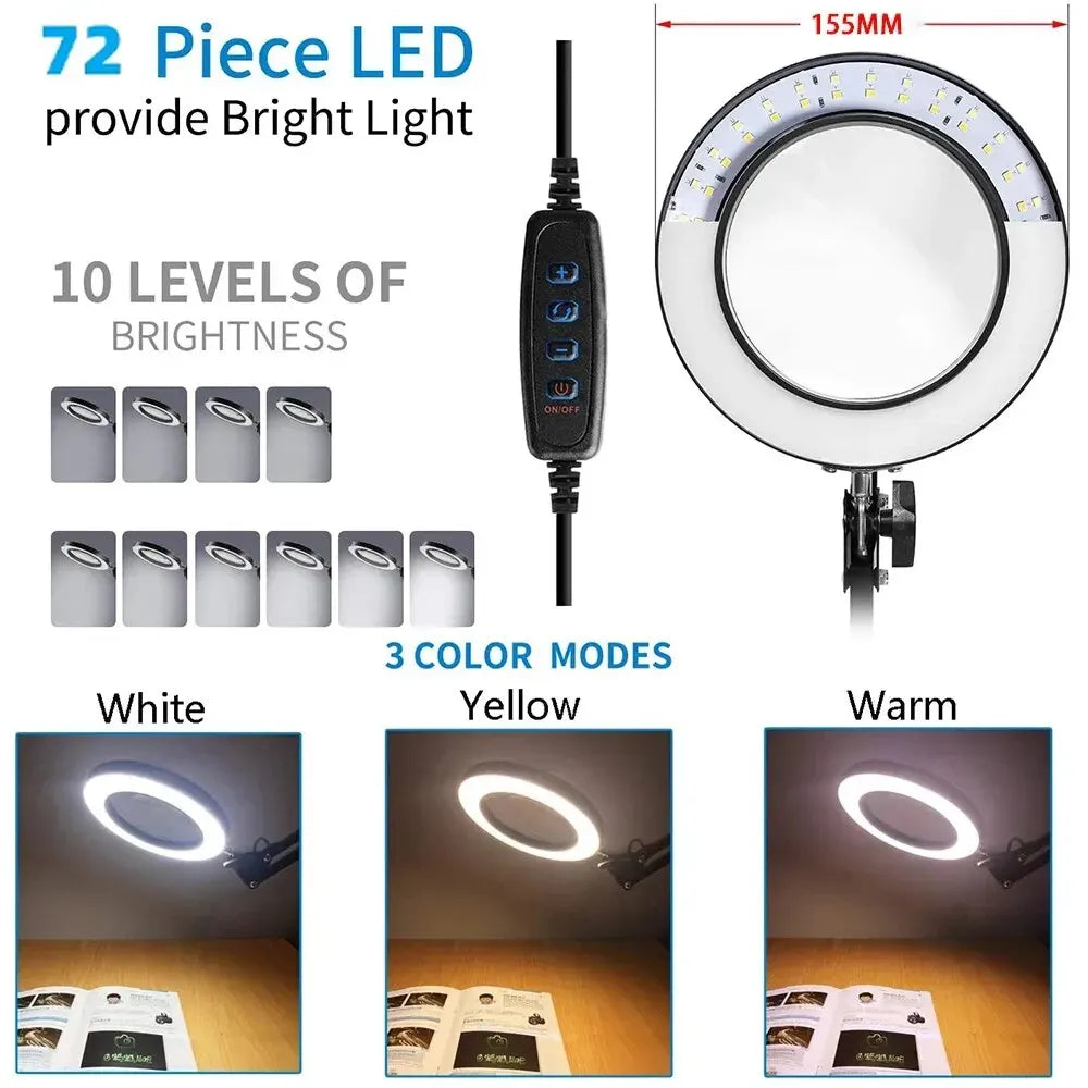 72-LED USB Magnifying Lamp 8X/10X 4.2in (106mm) Glass Lens Dimmable 3-Color LED Magnifier with Adjustable Arm & Clamp for Soldering Repair Crafts Beauty