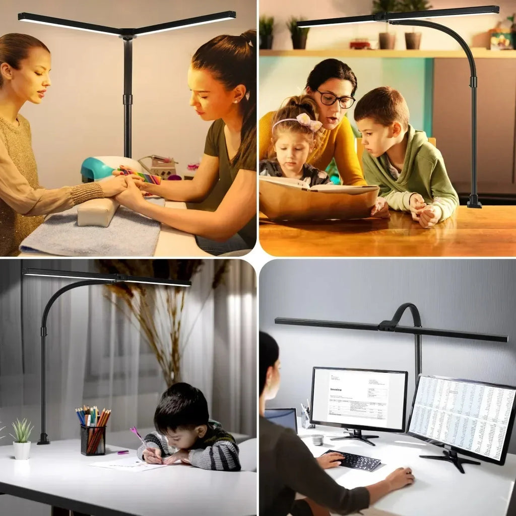 Dimmable LED Clip-On Desk Lamp – Dual-Head Adjustable 31.5in (80cm) Arm, USB Clamp Light for Office, Reading & Monitor Lighting