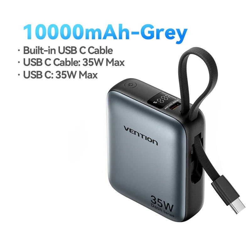 10000mAh 35W USB-C Power Bank with Built-In Cable & LED Display - Portable Fast Charger for iPhone, Android, MacBook Air