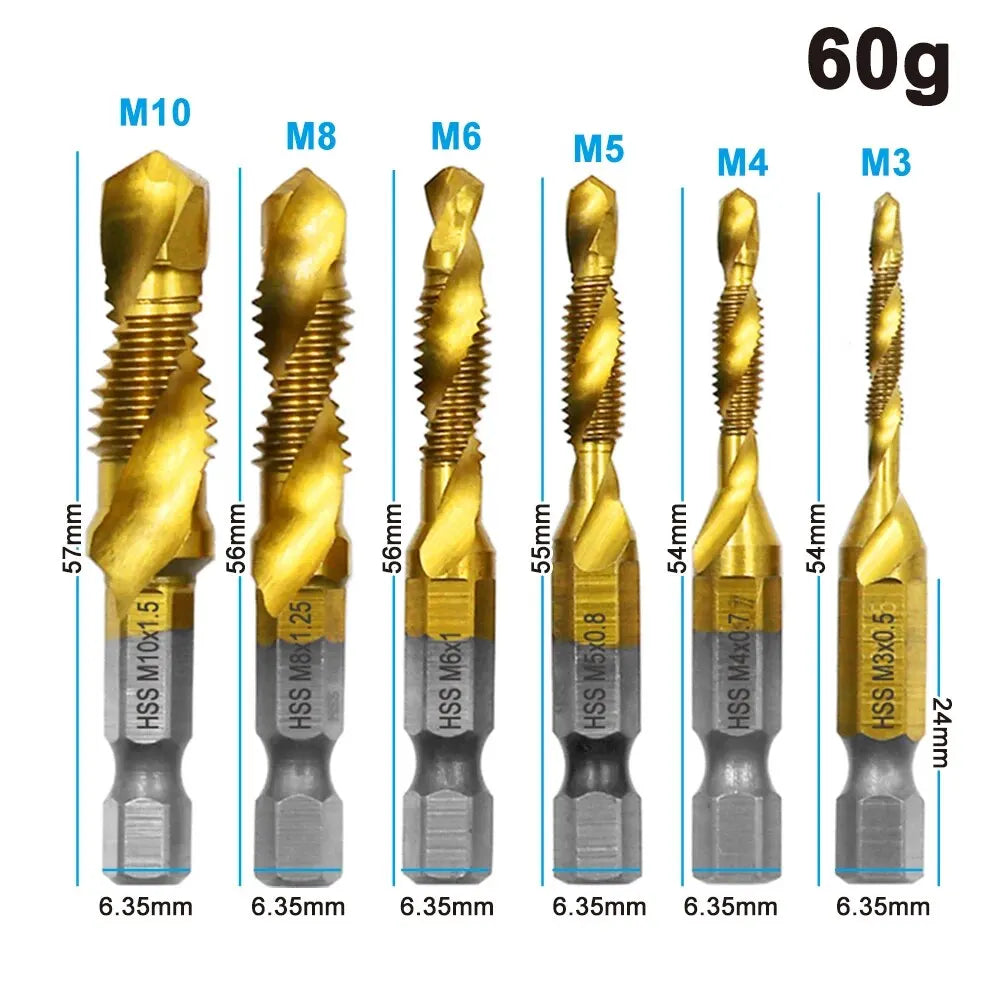 6-Piece High-Speed Steel (HSS 4341) Titanium-Plated Tap & Drill Set - Integrated Machine Taps with Chamfering Tools