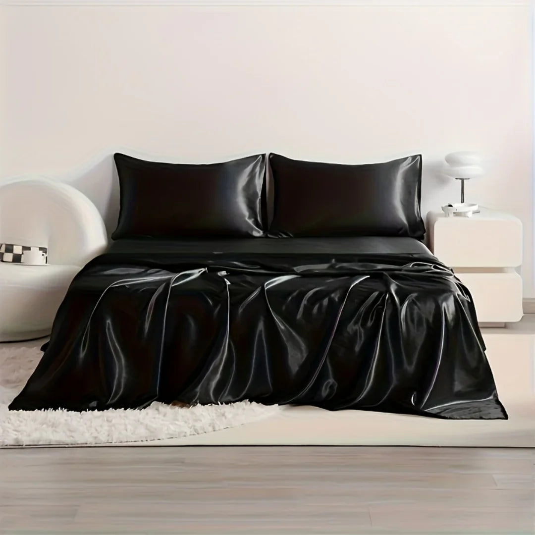 4-Piece Cooling Satin Bed Sheet Set – Breathable Hypoallergenic 500TC Flat Sheet, Fitted Sheet & 2 Pillowcases