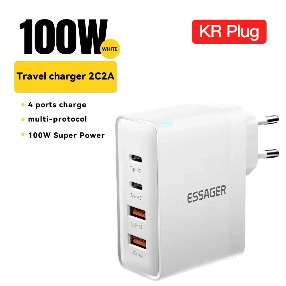 100W GaN 4-Port USB-C PD & QC Fast Charger (2 USB-C, 2 USB-A) — Power Delivery for Laptops, Phones & Tablets