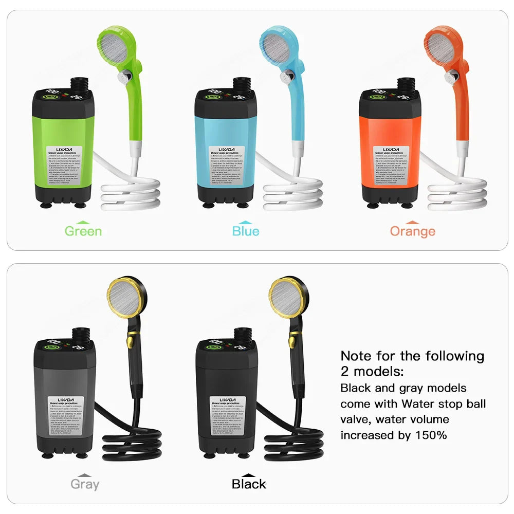 Portable Camping Shower Pump 6000mAh – USB Rechargeable RV Outdoor Shower Kit with Full-Screen Digital Display & Adjustable Energy-Saving Mode