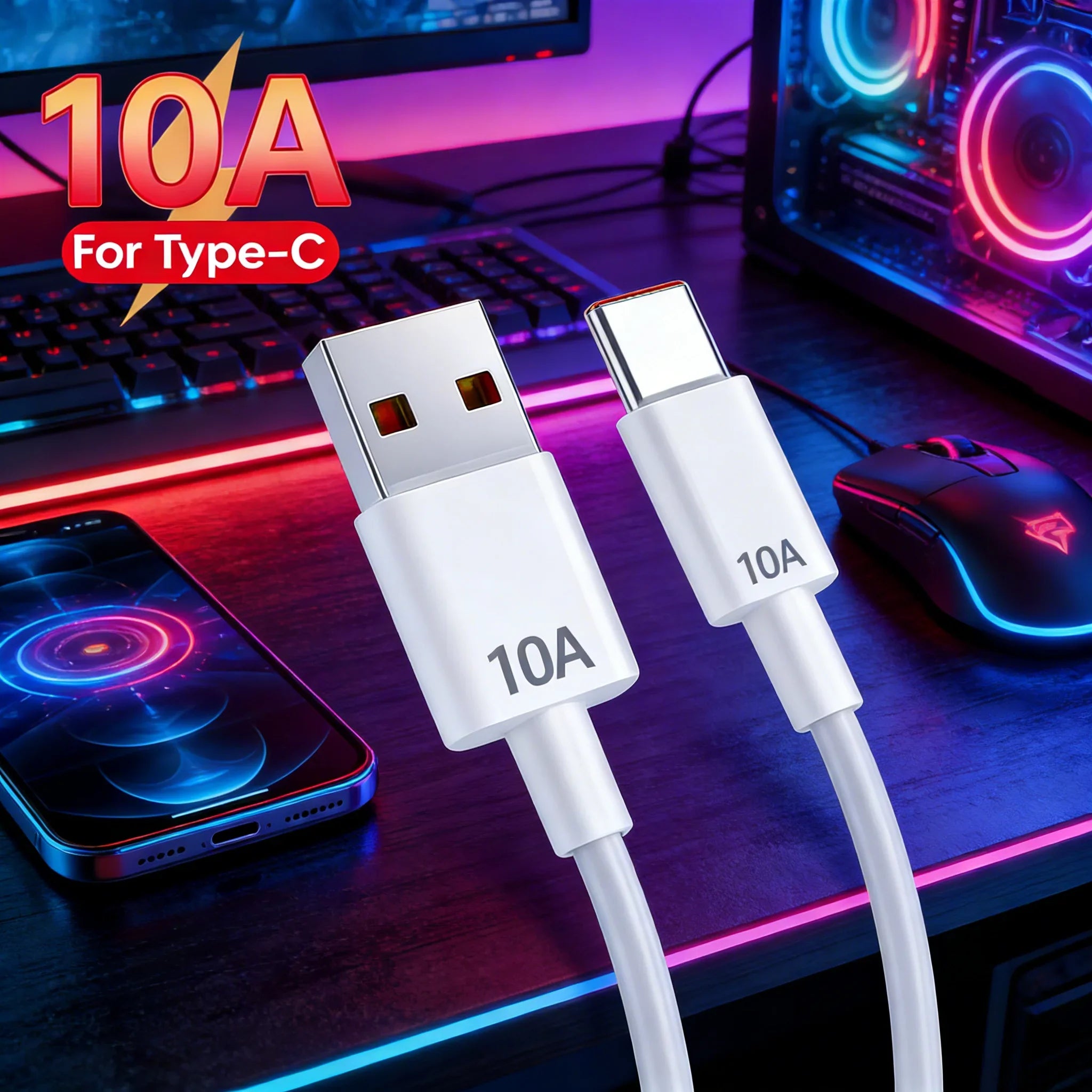 10A USB A Fast Charging Phone Cable USB to Type-C High Power Data Cord Quick Charge Wire for iPhone Xiaomi Samsung Huawei Phone