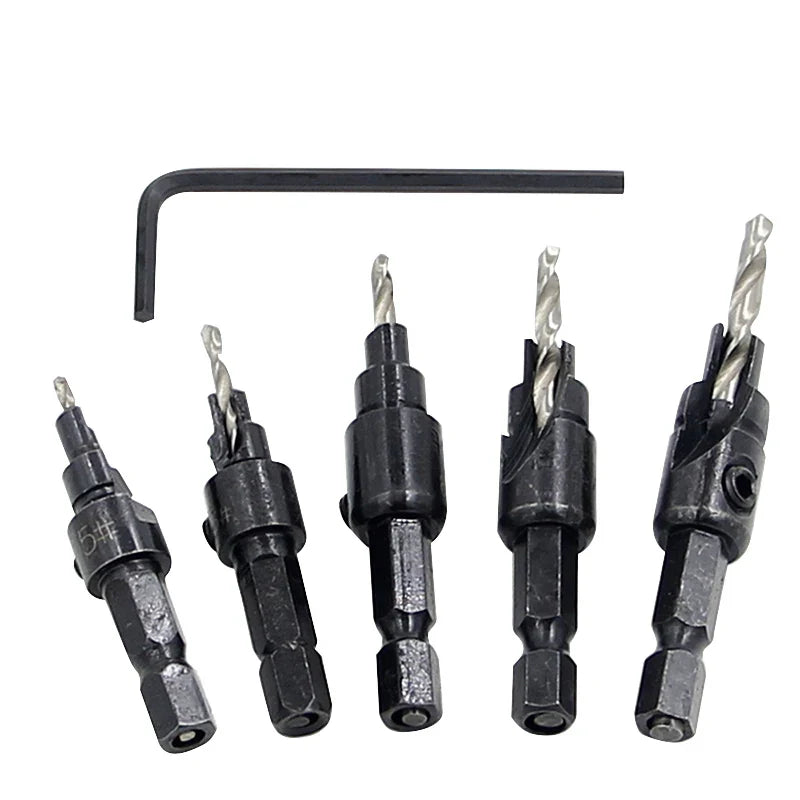 5pc Hex Shank Countersink & Taper Drill Bit Set for Wood (56–69mm) – Screw Hole Opener & Reamer