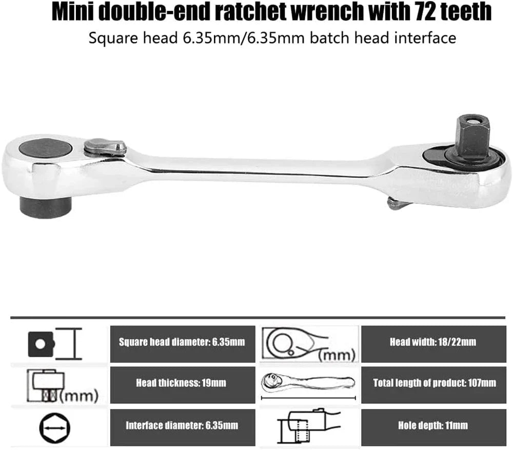 2-in-1 Mini 1/4" (6.35 mm) Ratchet Wrench & Bit Holder — 72-Tooth Double-Head