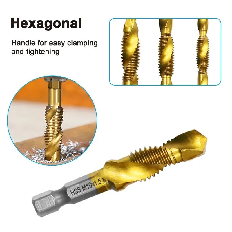6-Piece HSS 4341 Titanium-Plated Tap and Drill Combo Set Integrated Machine Taps and Chamfer Tools