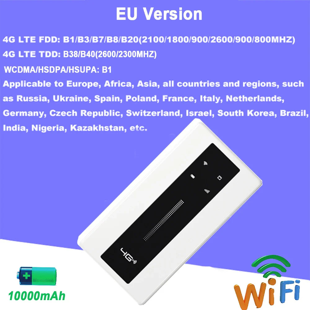 10000mAh 4G LTE Portable Router 150Mbps 2.4GHz Wi-Fi Hotspot CAT4 with Ethernet Port, WPS & Type-C Charging